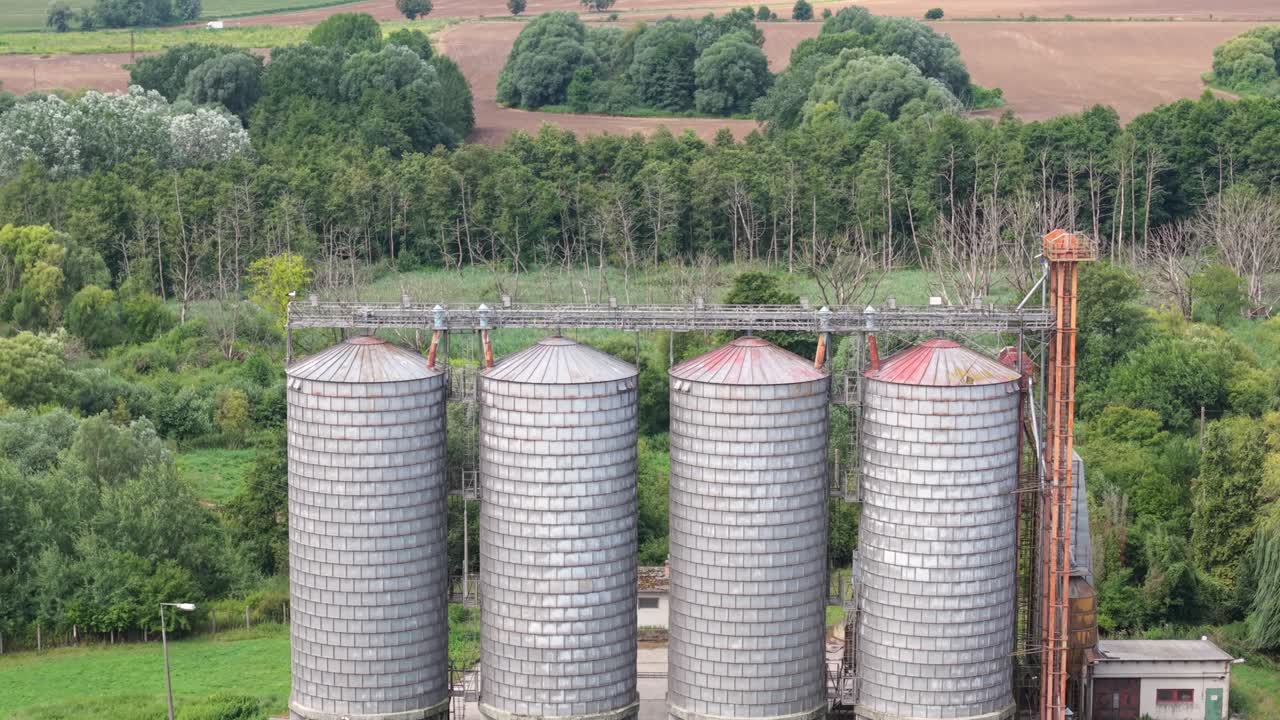 Close-up view of four large metal grain silos standing in a row at the edge of a forested area. The industrial structures contrast with the surrounding green vegetation and farmland in the background