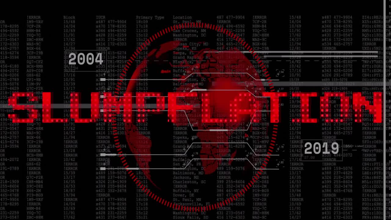 슬램플레이션 텍스트의 애니메이션 (은색) 지구상과 스캐너 처리 데이터