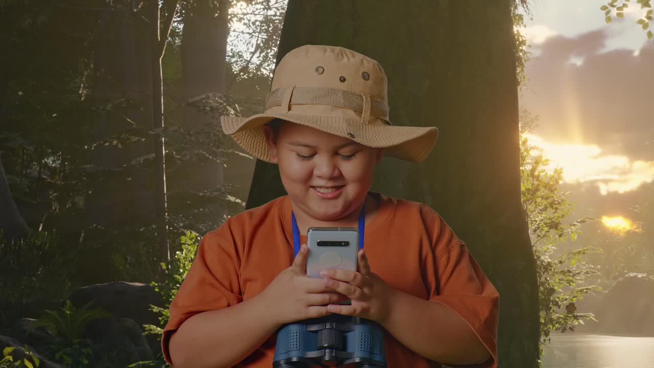 모자와 안경을 쓴 아시아 소년은 숲의 자연을 탐험하면서 스마트폰을 보고 미소 짓고 있다. 소년 연구자는 무언가를 조사한다.