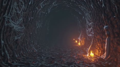 burning candles casting flickering light in a dark, spooky tunnel filled with spiderwebs and rough ground, creating a mysterious and haunting atmosphere perfect for horror themes