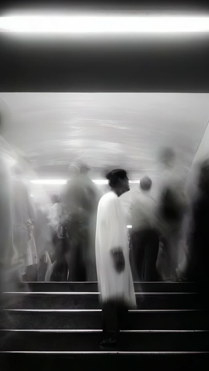 Capturing the Essence of Movement: A Figure amidst Blurry Crowds in a Dimly Lit Stairway Scene