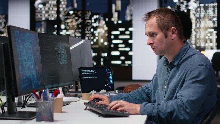 Programmer Pria Bekerja di Banyak Komputer di Kantor Modern pada Malam Hari