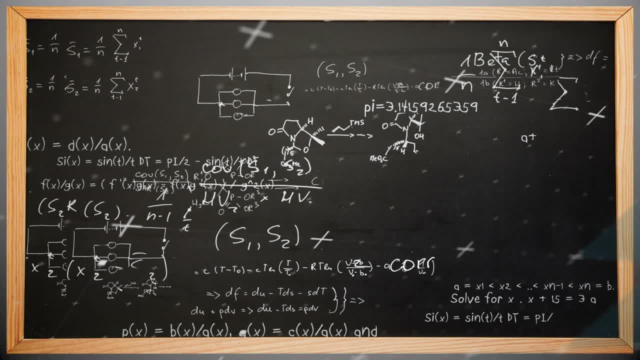 Particelle di gesso che fluttuano, avviando un'animazione di una lavagna che mostra annotazioni e rivela una progressione matematica.