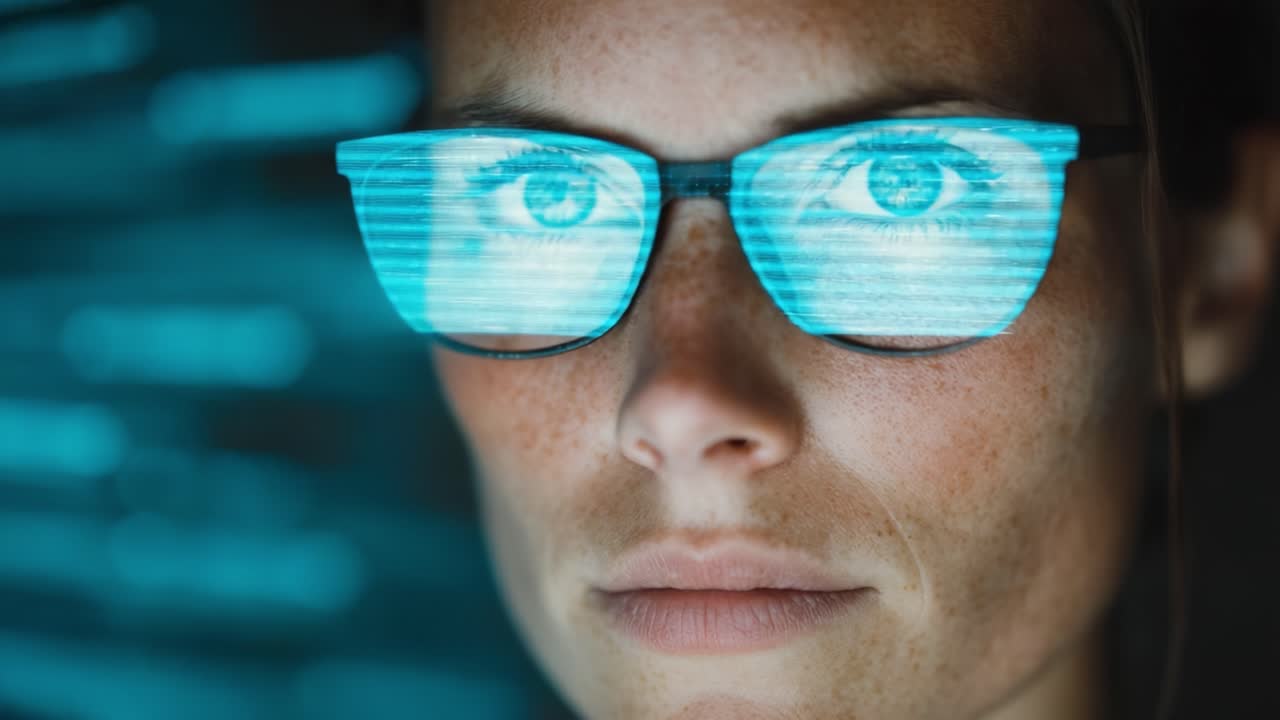 Focused Individual with Glasses Engaged in Digital Activity, Surrounded by Glowing Data Patterns Reflecting Off Their Eyewear in a High-Tech Environment