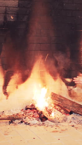 cozy fireplace with crackling fire and flying sparks