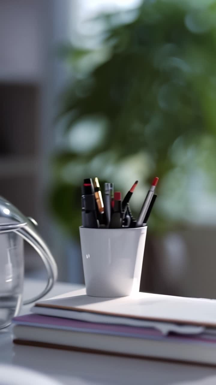A Close-Up View of a Modern Workspace Featuring a Keyboard and Writing Instruments Against a Blurred Background of Green Foliage and Desktop Items