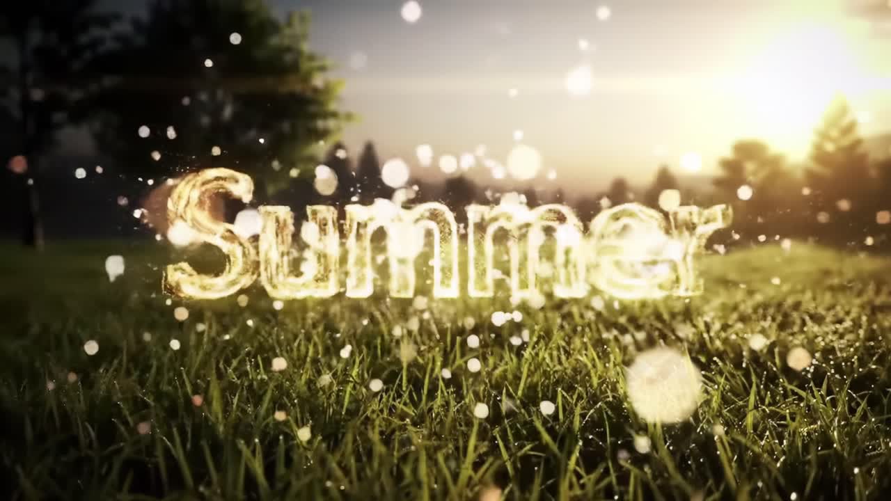 A beautiful summer afternoon unfolds in a serene outdoor location. Sunlight glimmers through trees while a sparkling effect highlights the word summer, enhancing the joyful atmosphere.