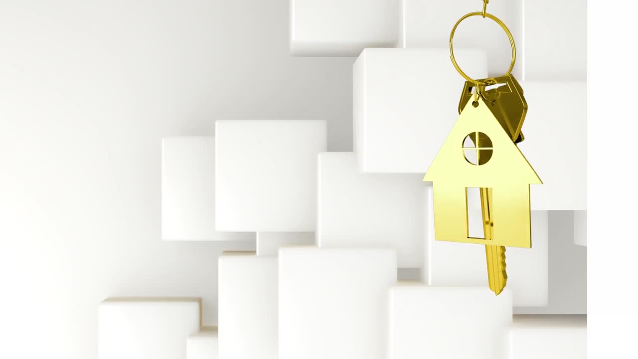 animazione di chiave d'oro della casa e chiave su cubi su sfondo bianco