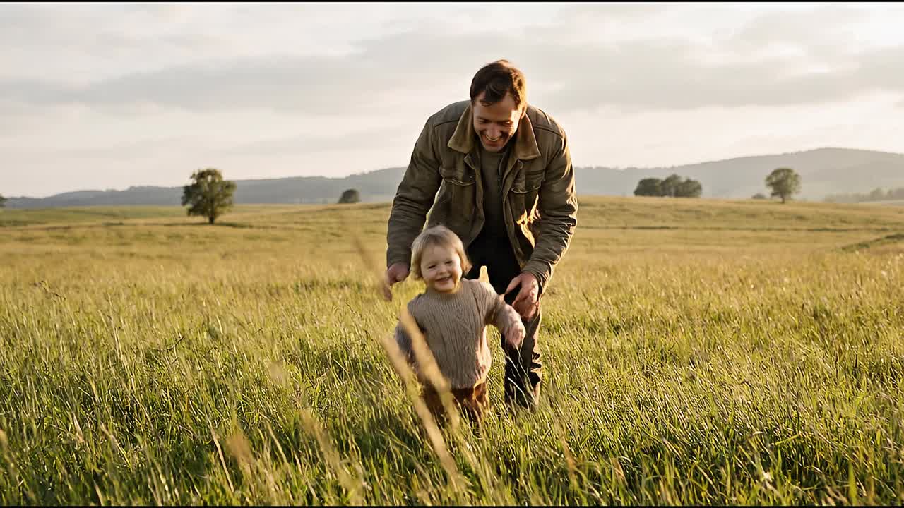Padre e bambino piccolo che camminano attraverso un campo d'erba dorata al tramonto godendosi la natura insieme all'aperto