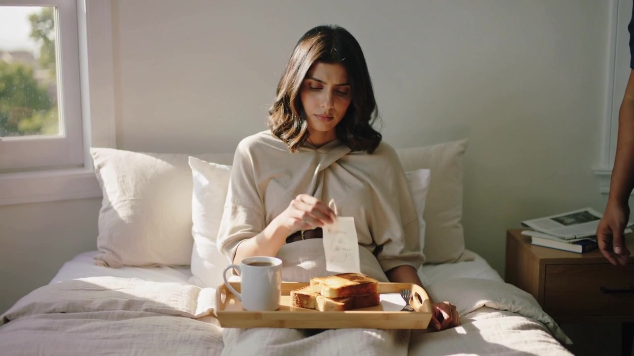 Uomo che porta un vassoio per la colazione a una donna a letto, che indossa uno scialle leggero di maglia e legge un biglietto.