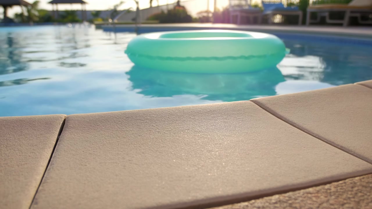 Minzfarbener aufblasbarer Ring schwimmt auf ruhigem blauem Poolwasser neben beigefarbenem Beckenrand, mit verschwommener tropischer Lounge, Palmen, warmem Sonnenuntergangsschein, hellen Reflexionen und ruhiger Urlaubsatmosphäre in Luxus.