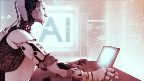 renderización 3d de alta calidad de un robot humanoide de inteligencia artificial en una computadora portátil en un entorno de ia virtual con datos y ecuaciones flotando a su alrededor - esquema de color rojo caliente