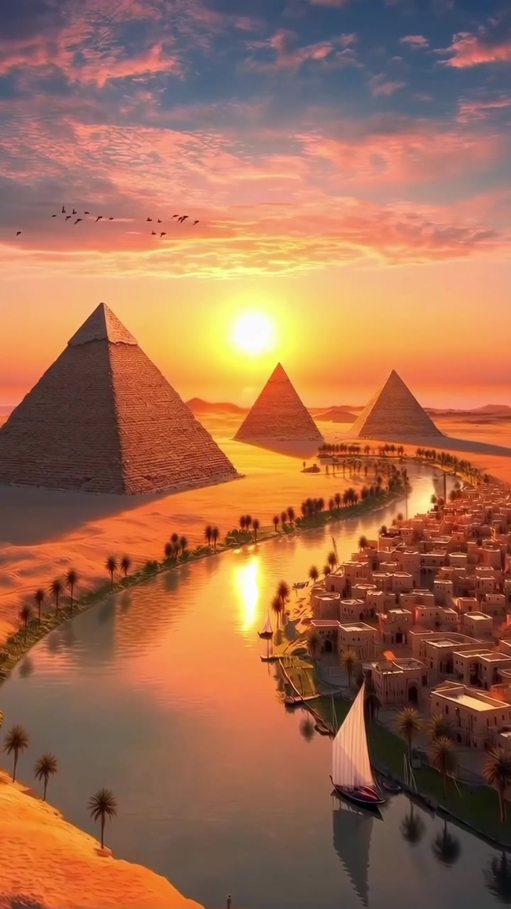 Vista Animada das Antigas Pirâmides Egípcias e Rio ao Pôr do Sol