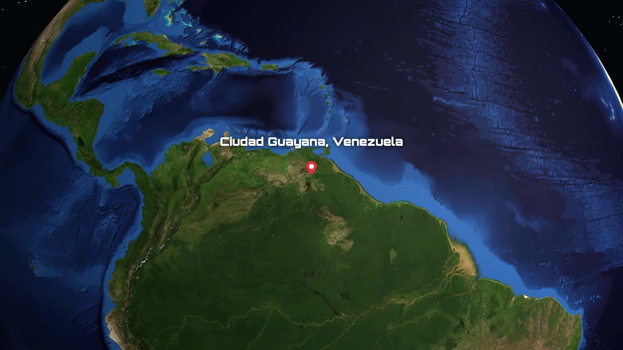Animazione di un globo digitale che zooma dallo spazio esterno a una località specifica in Sud America.