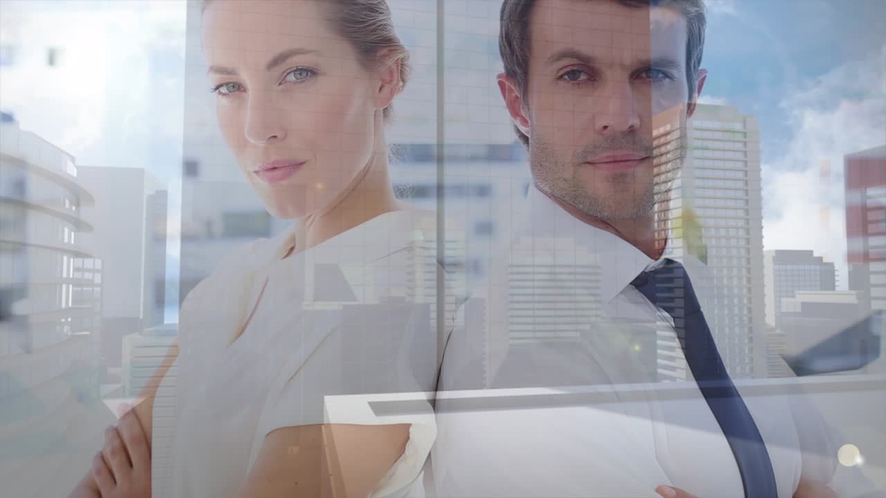 Multiple exposure of portrait of confident caucasian coworkers and modern skyscrapers in city