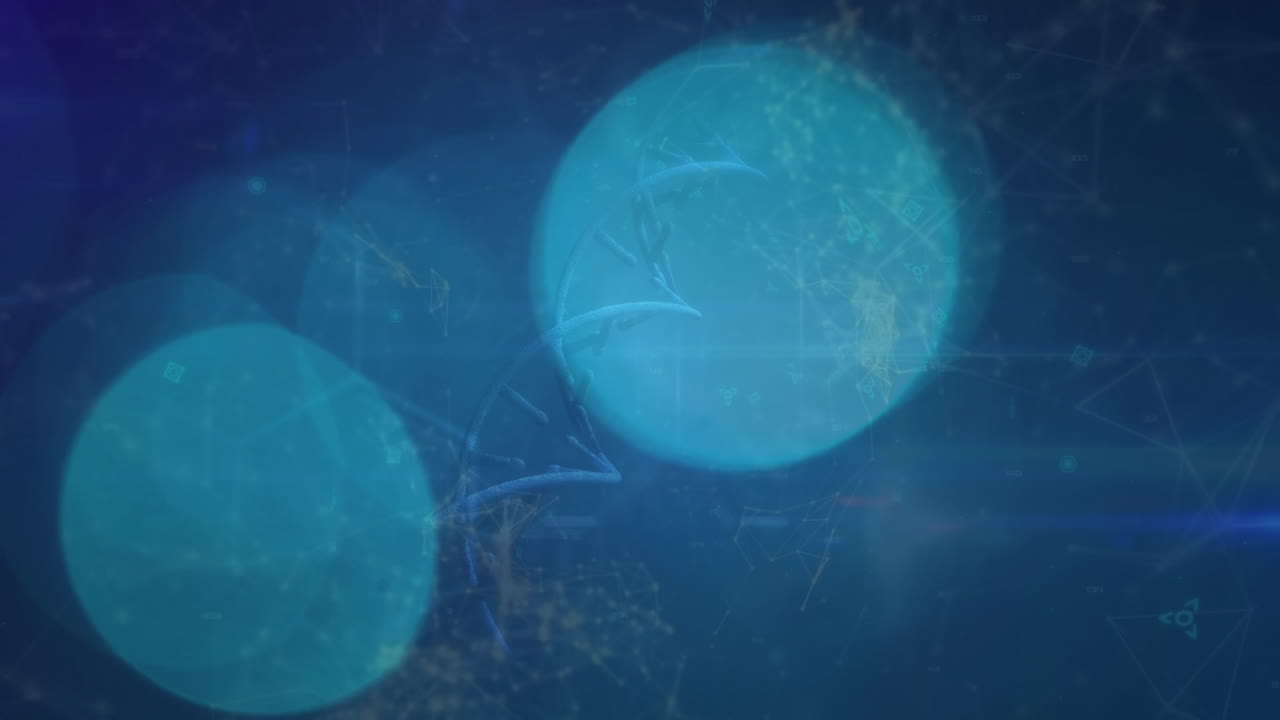 파란색 배경에 대한 dna 구조 회전 및 프로필 아이콘 네트워크의 애니메이션