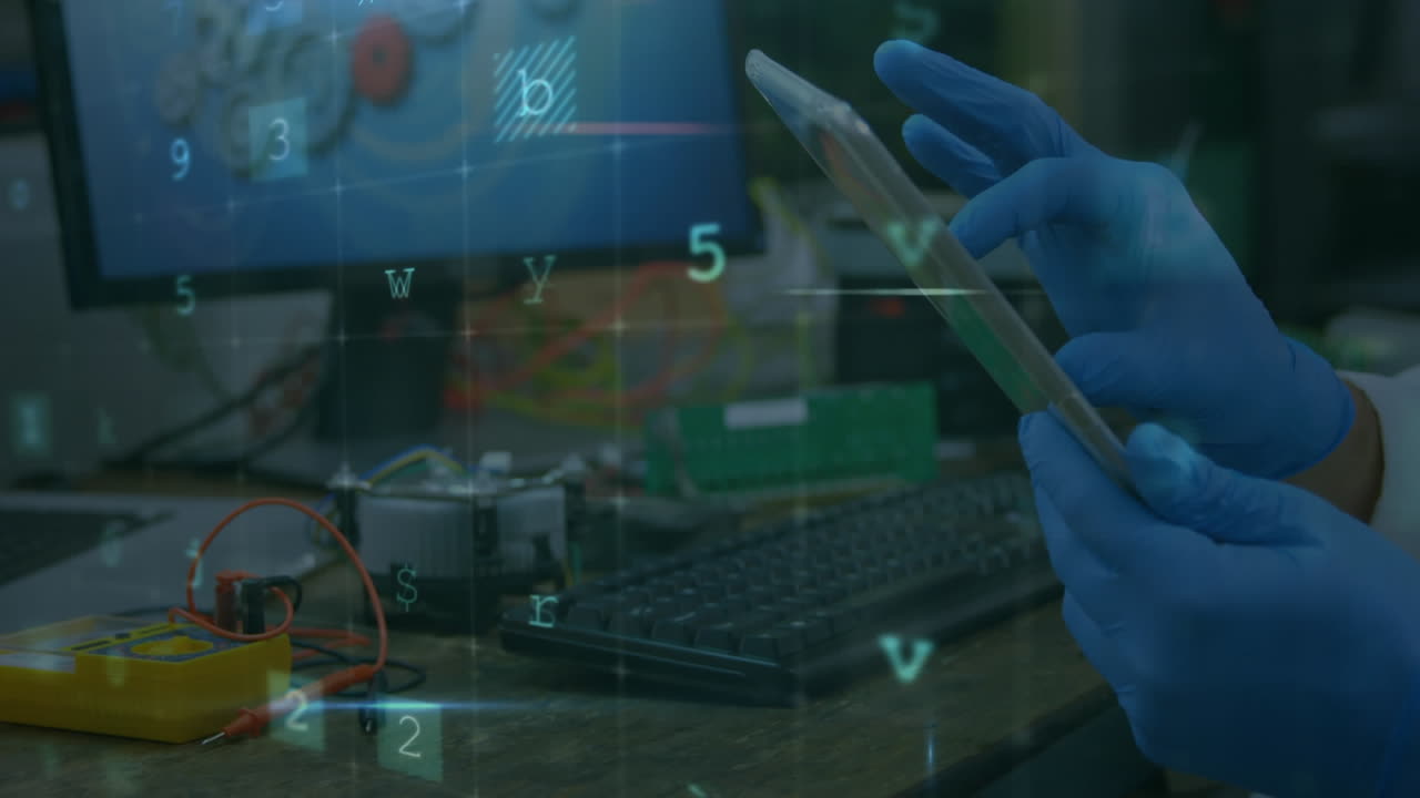 태블릿을 사용하는 과학자에 대한 사이버 공격 경고 데이터 처리 애니메이션