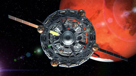 vuelo a través de la puerta de la nave espacial de ciencia ficción en el fondo de marte, pantalla verde, animación 3d. textura del planeta fue creado en el editor gráfico sin fotos y otras imágenes.