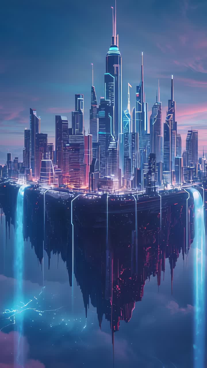 Vertical video: Panning toward floating city revealing central spire, conduits, waterfalls at dusk