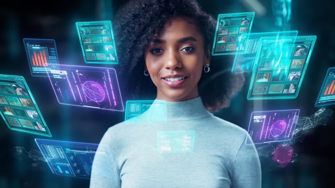 Front-facing video of a woman with floating digital screens, futuristic tech style