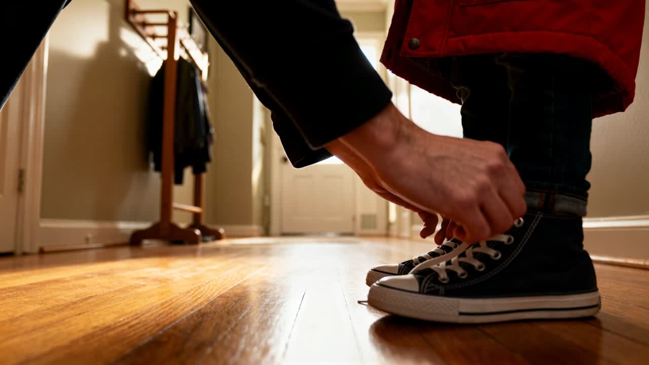 Vertical video: Door light urging adult tying child's sneaker laces, red coat in hall, copy space
