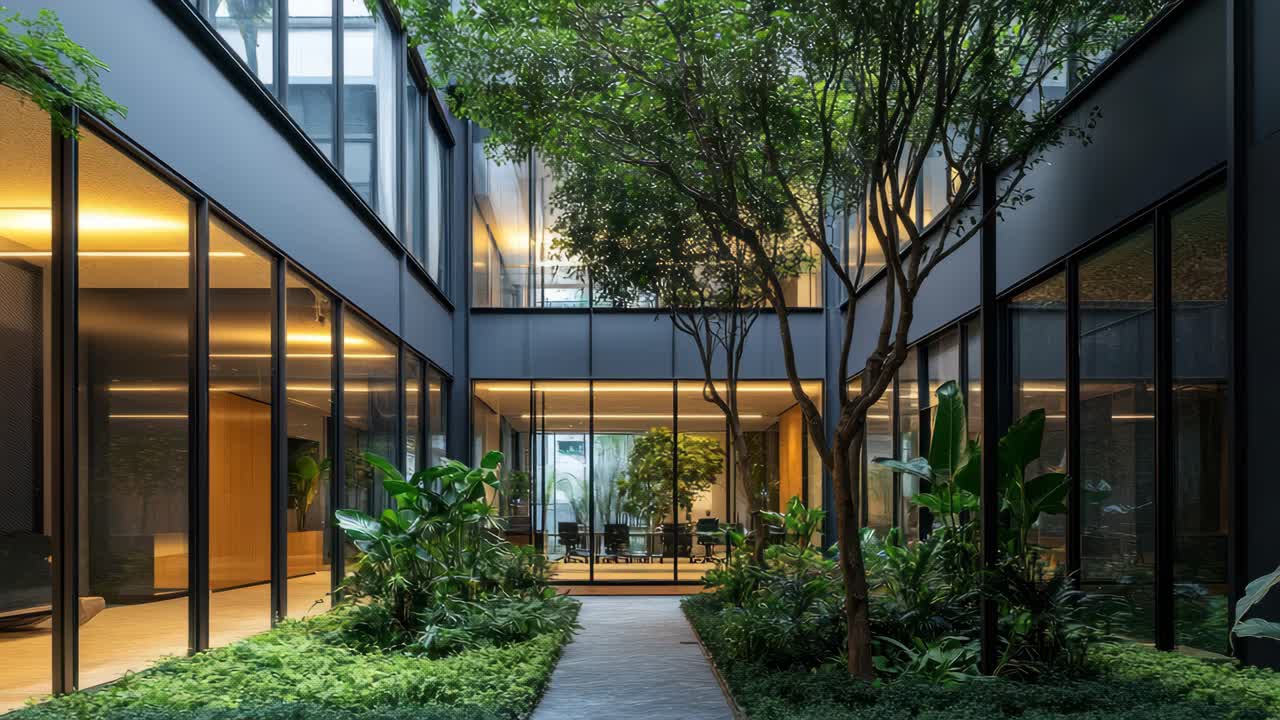 Modern courtyard with lush greenery, viewed from a low angle