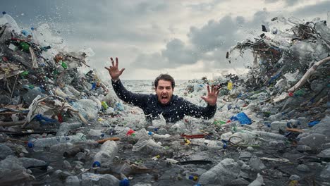struggling against the rising tide of plastic pollution: a depiction of environmental crisis and human desperation in a sea of waste