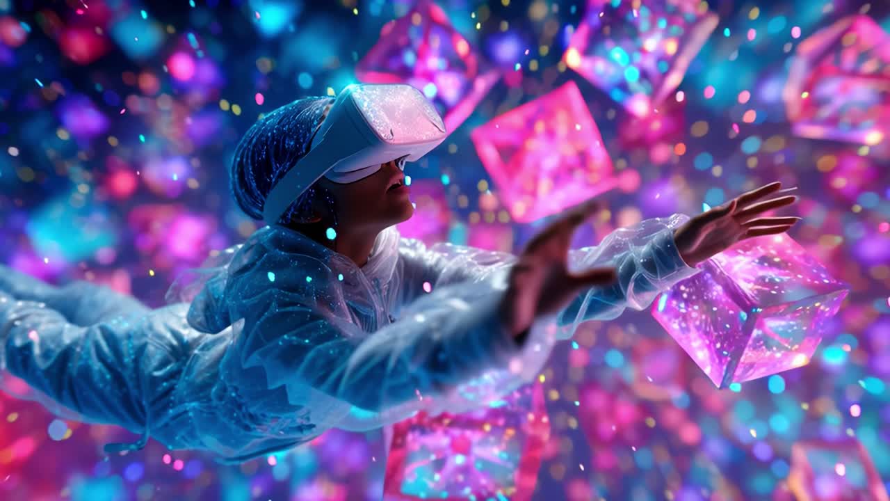 A mesmerizing journey through a virtual reality realm where a figure, adorned in glowing attire and VR headset, gracefully navigates amidst vibrant, floating geometric shapes and dazzling particles of light