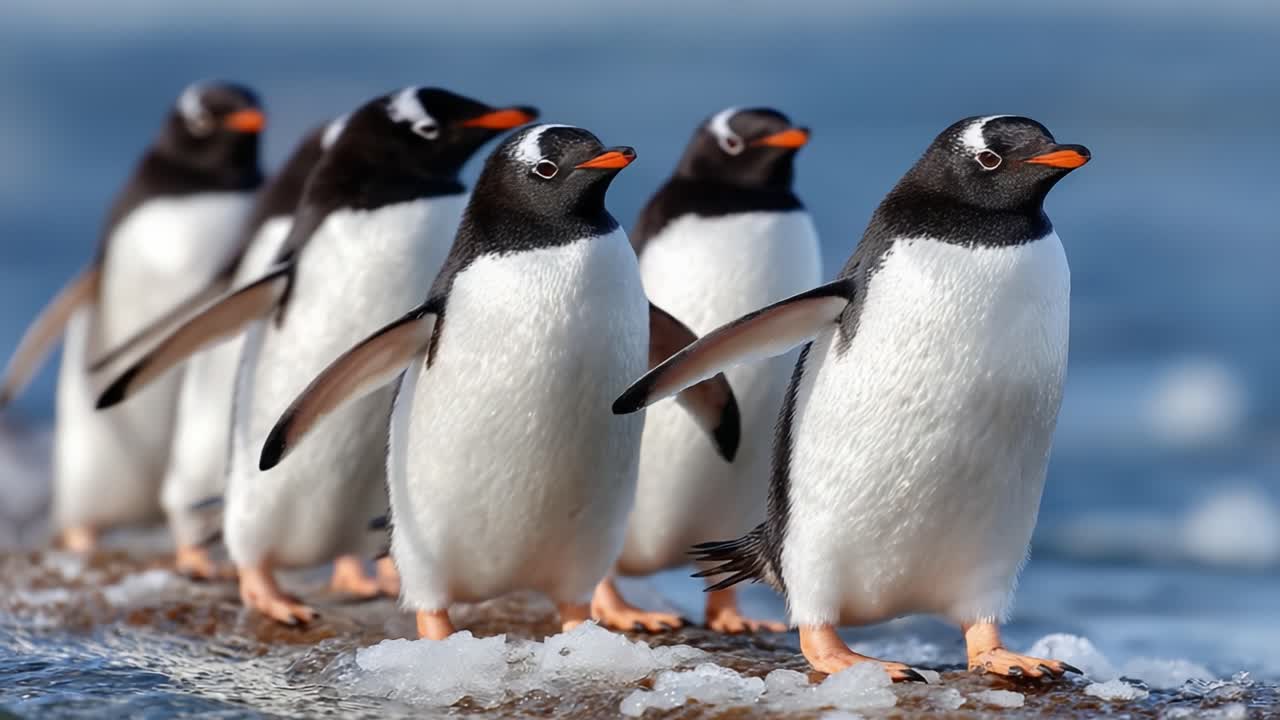 A Charming Parade of Gentoo Penguins Marching Along a Snowy Shoreline, Showcasing Their Unique Patterns and Playful Nature in a Stunning Natural Habitat