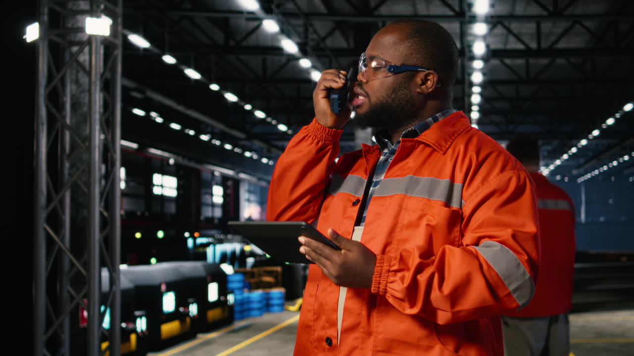 African american professional worker using walkie talkie radio in industry plant