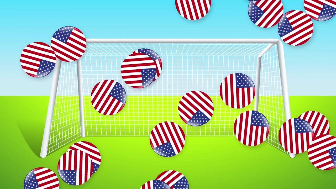 Animerede fodbolde med amerikanske flagmønstre falder hen over en grøn bane og et mål