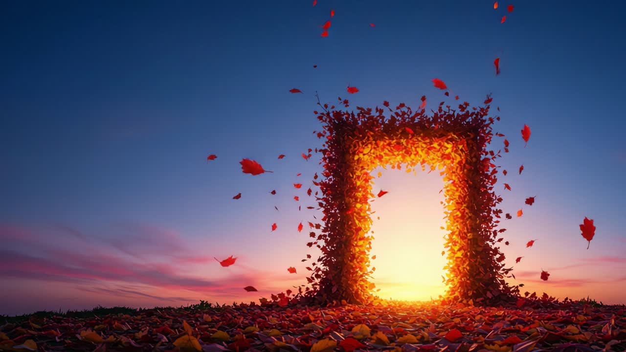 A Captivating Gate of Leaves Against a Glorious Sunset, Evoking a Sense of Wonder and Imagination in a Vibrant Autumn Landscape