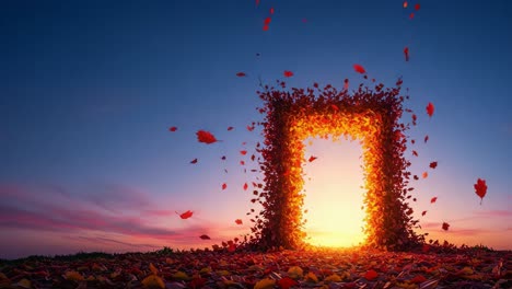 a captivating gate of leaves against a glorious sunset, evoking a sense of wonder and imagination in a vibrant autumn landscape