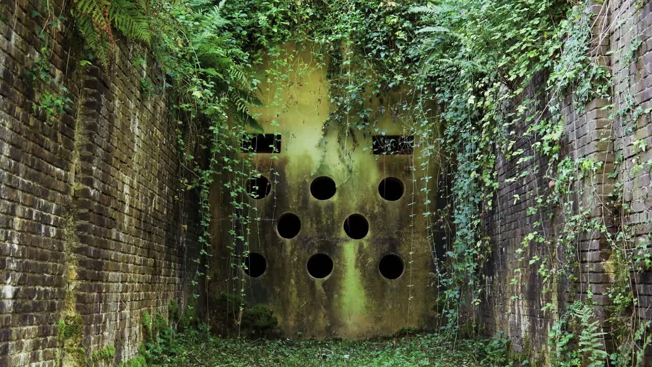 entrada abandonada del túnel con vegetación exuberante