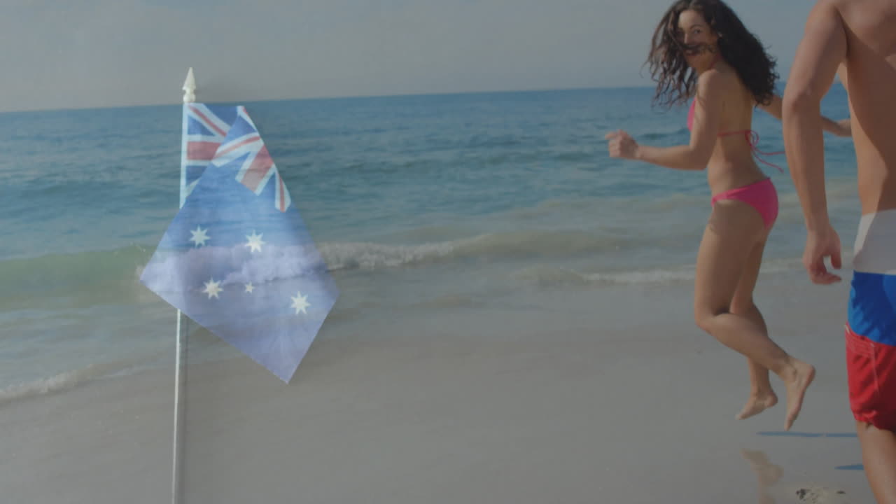 Running on beach, people waving Australian flag in animation background