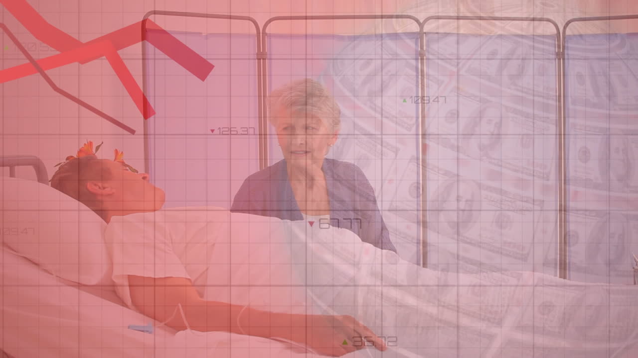 анимация красных линий, спускающихся над больным человеком в постели и глобусом, образованным американскими долларовыми купюрами