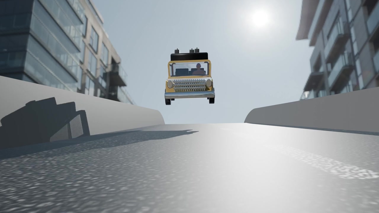 Animazione 3D fotorealistica e dinamica di una Jeep gialla che sfreccia lungo una strada cittadina, tracciamento fluido della telecamera, ambiente urbano realistico