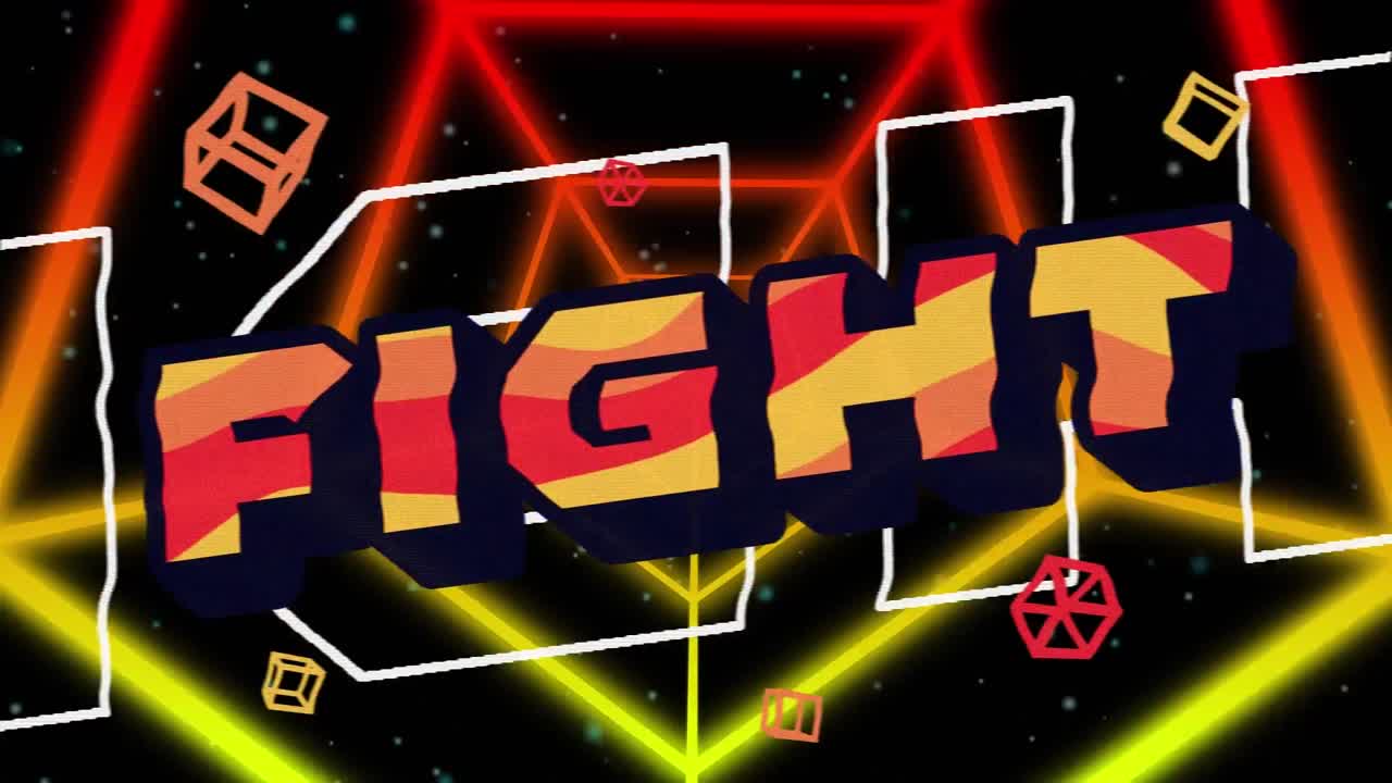 검은색 배경에 움직이는 모양 위에 싸움 텍스트의 애니메이션