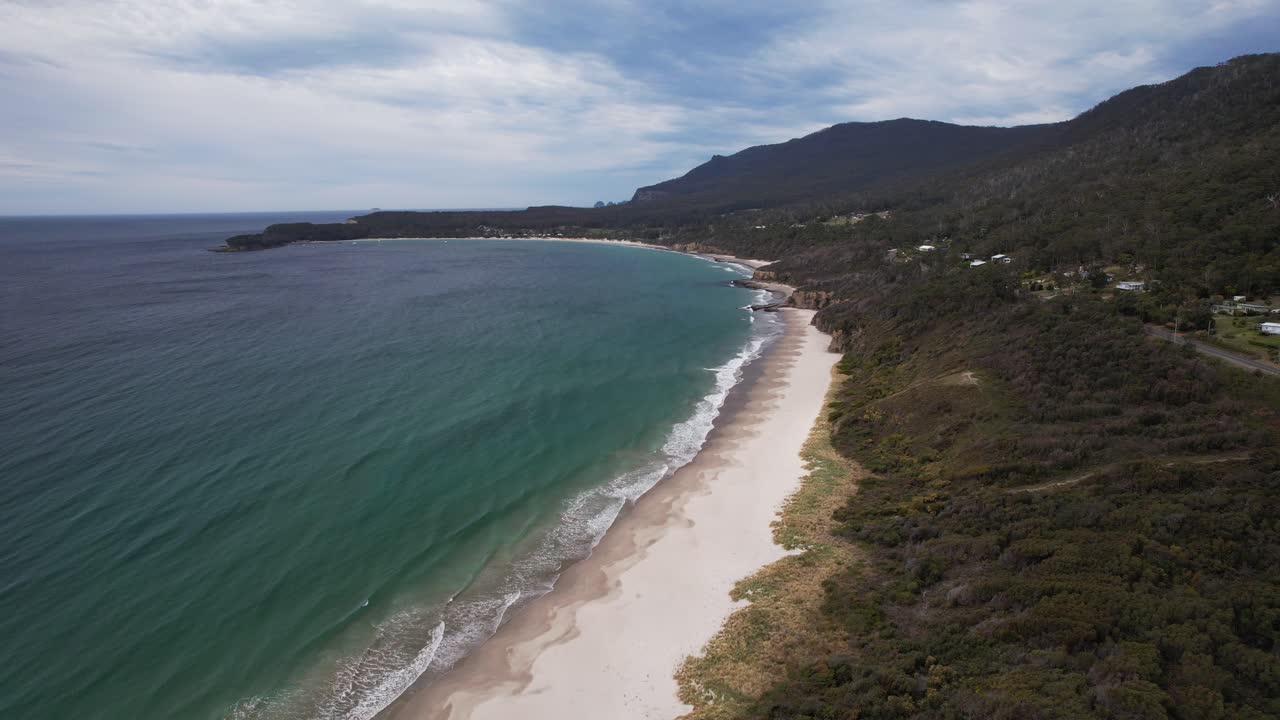 Beach And Lush Vegetation - Pirates Bay Beach In Eaglehawk Neck, Tasmania, Australia - Drone Shot