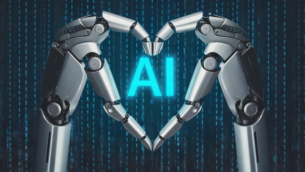 Amore AI: Mani robotiche che formano un cuore con sfondo di codice binario