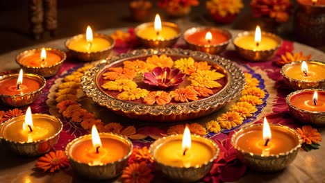 celebración de diwali con velas y flores