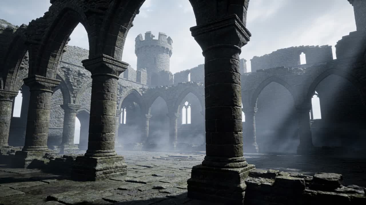 Telecamera che si sposta a destra, colonna che si muove mentre luce solare e nebbia rivelano una merlatura architettonica.