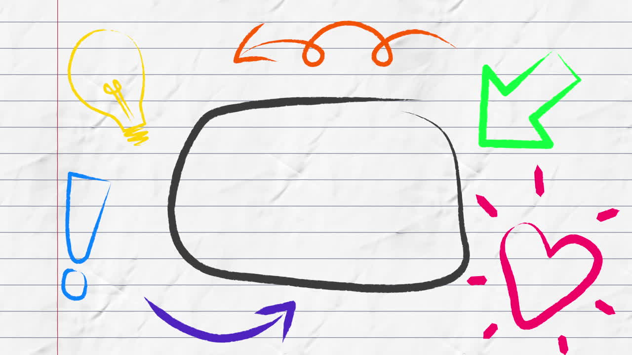 animación de una burbuja de habla contorneada en negro con flecha verde e iconos de colores en papel alineado