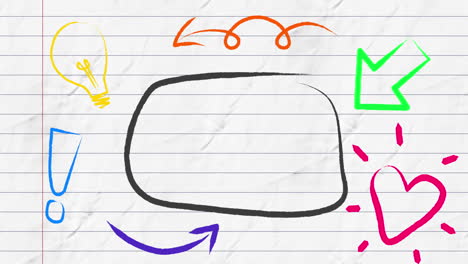 animation of black outlined speech bubble with green arrow and colourful icons on lined paper