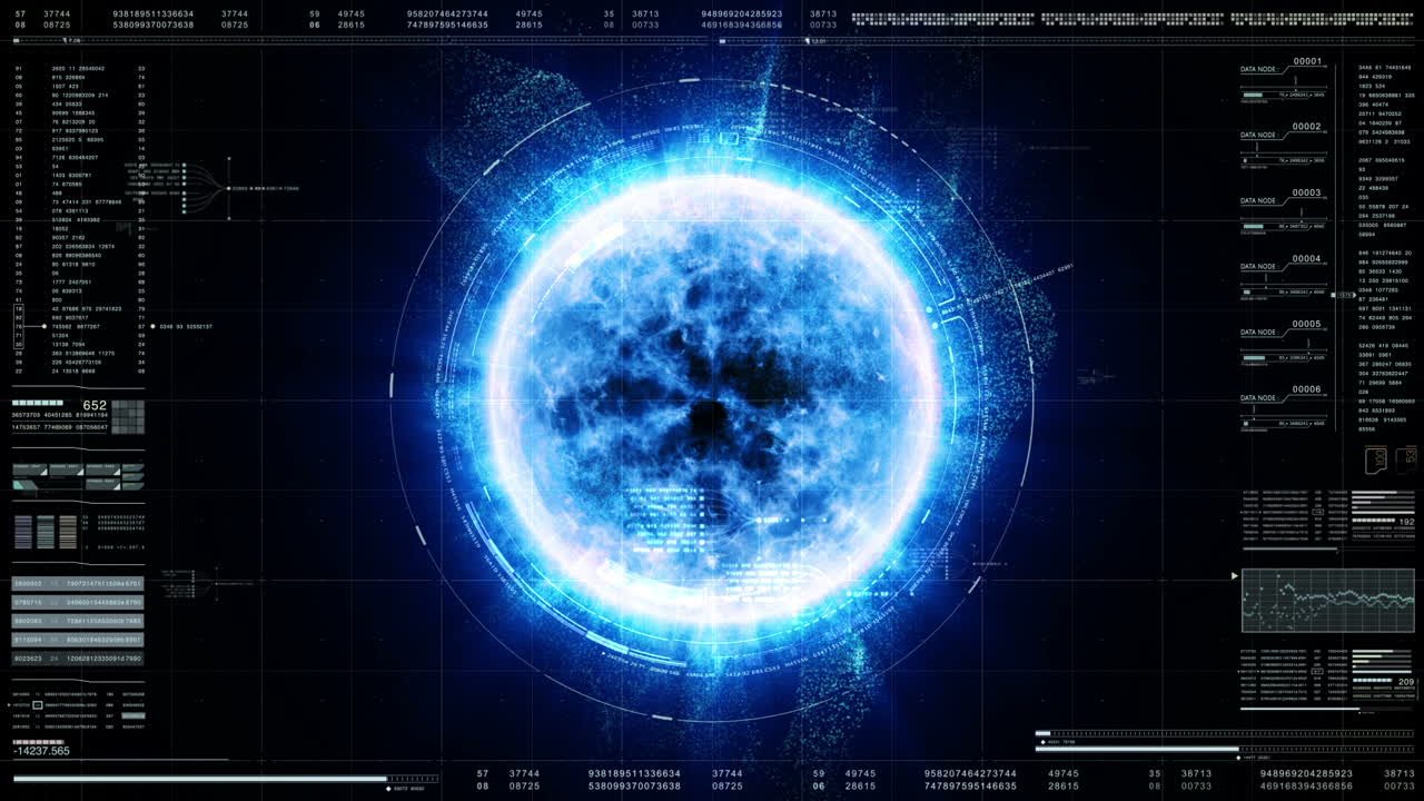 Futuristic motion graphic user interface head up display screen with digital hologram Nuclear Fusion energy simulator and data telemetry information display for digital background