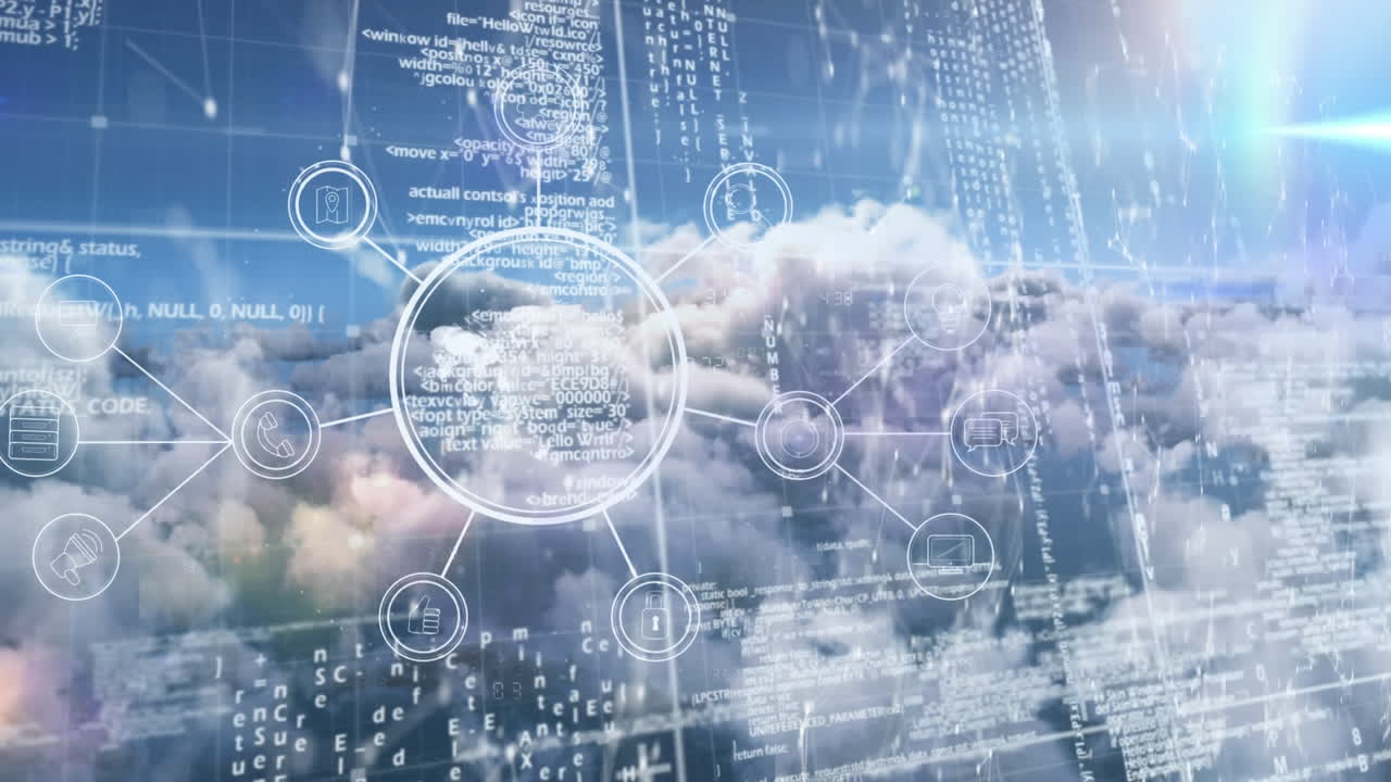 animación del procesamiento de datos a través de la red de conexiones contra el cielo azul con nubes