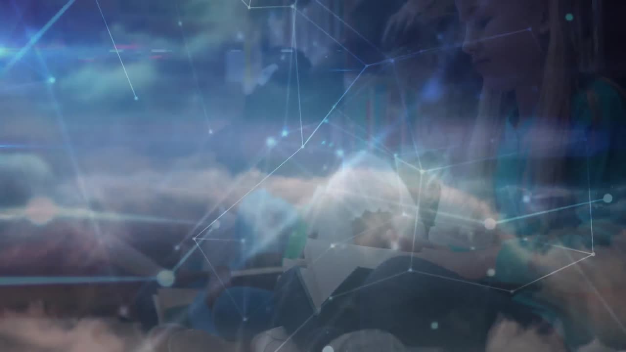 Animazione di una rete di connessioni su bambini a scuola e nuvole