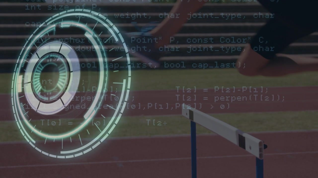Animation of processing circle and data over legs of caucasian man running at stadium