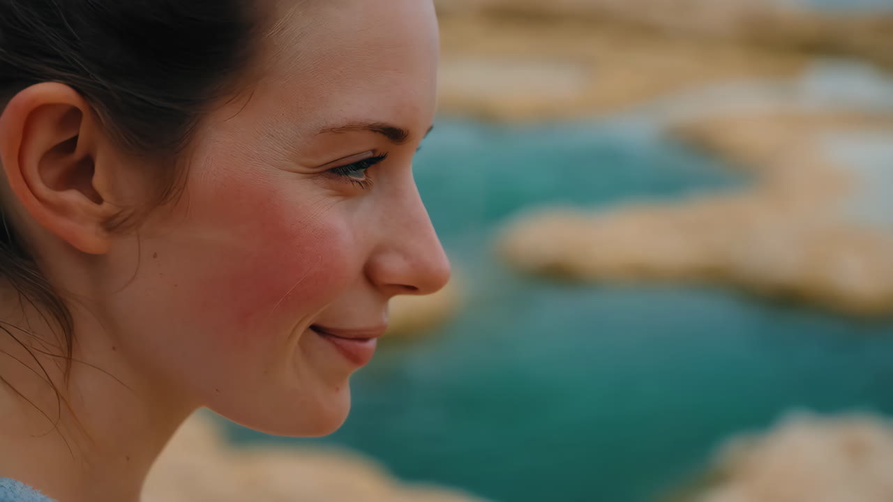 Close-up profile of a smiling woman outdoors with natural water in the background