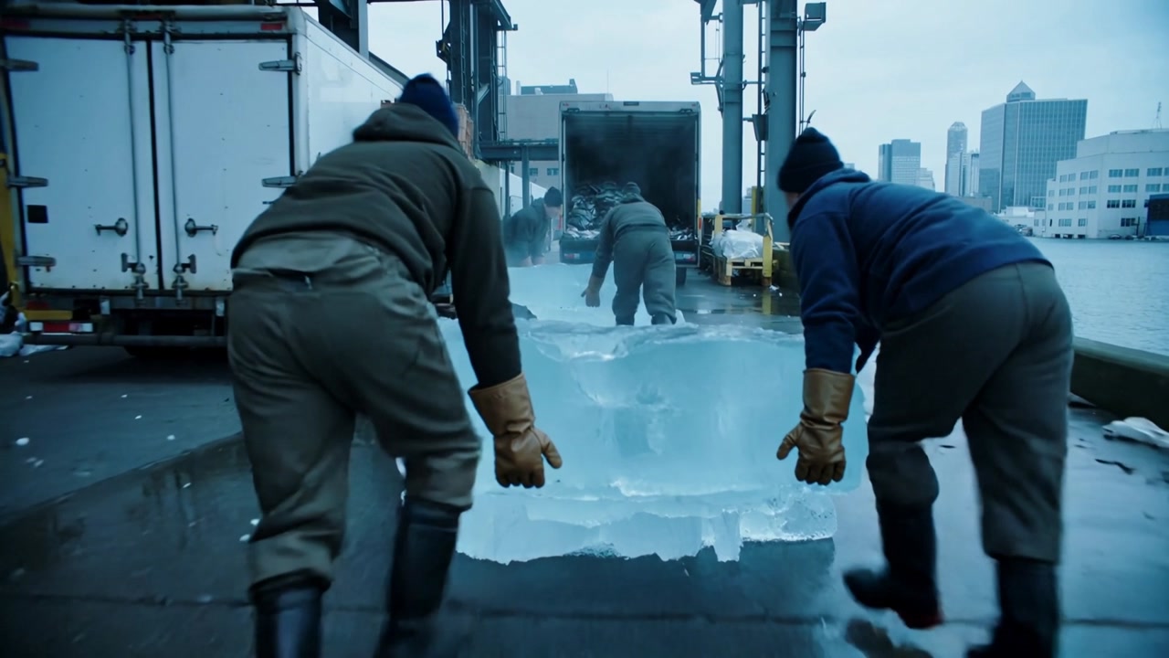 Refrigerated truck backing as workers pushing ice block across wet dock toward water for staging